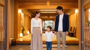 下呂温泉 水明館のロビーで笑顔を見せる日本人ファミリー。子連れ旅行のアイキャッチ画像。