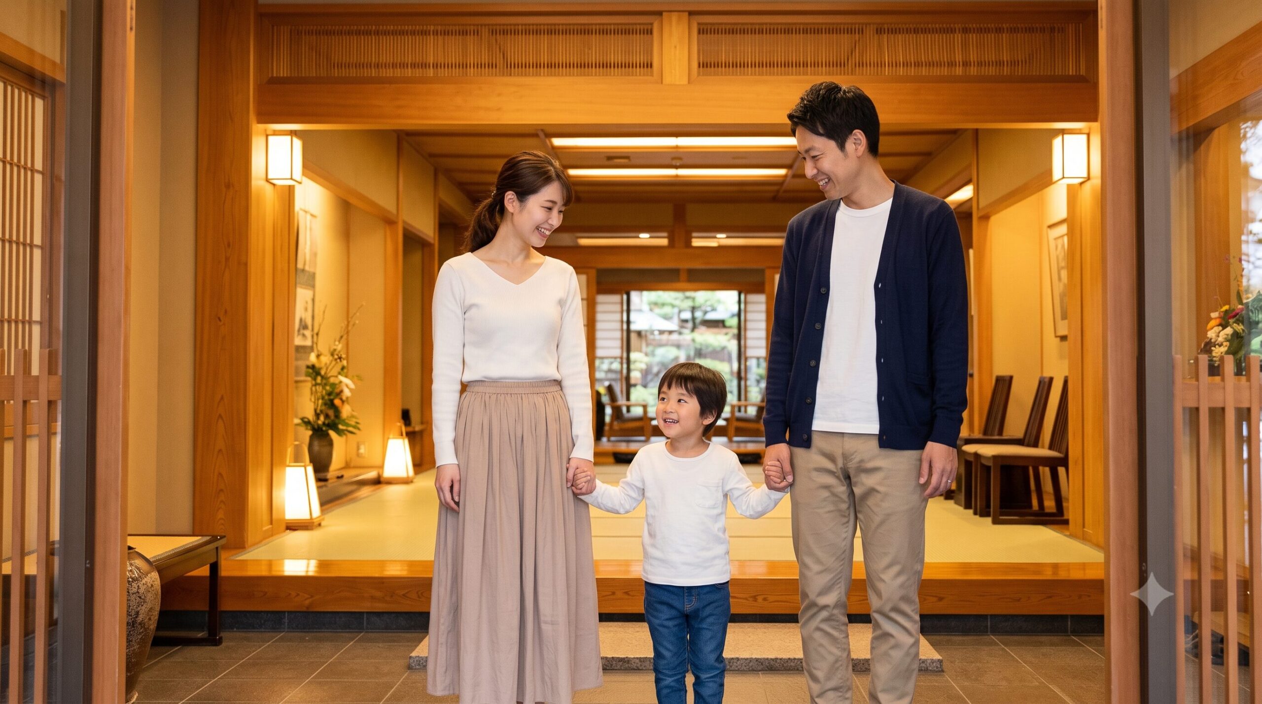 下呂温泉 水明館のロビーで笑顔を見せる日本人ファミリー。子連れ旅行のアイキャッチ画像。