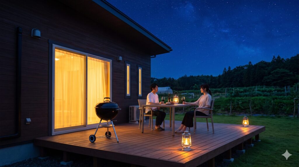 芝生と農園に囲まれたプライベート感のあるコテージのウッドデッキテラスで、星空を眺めながらくつろぐ日本人カップル。农園リゾート THE FARMのコテージ宿泊施設。