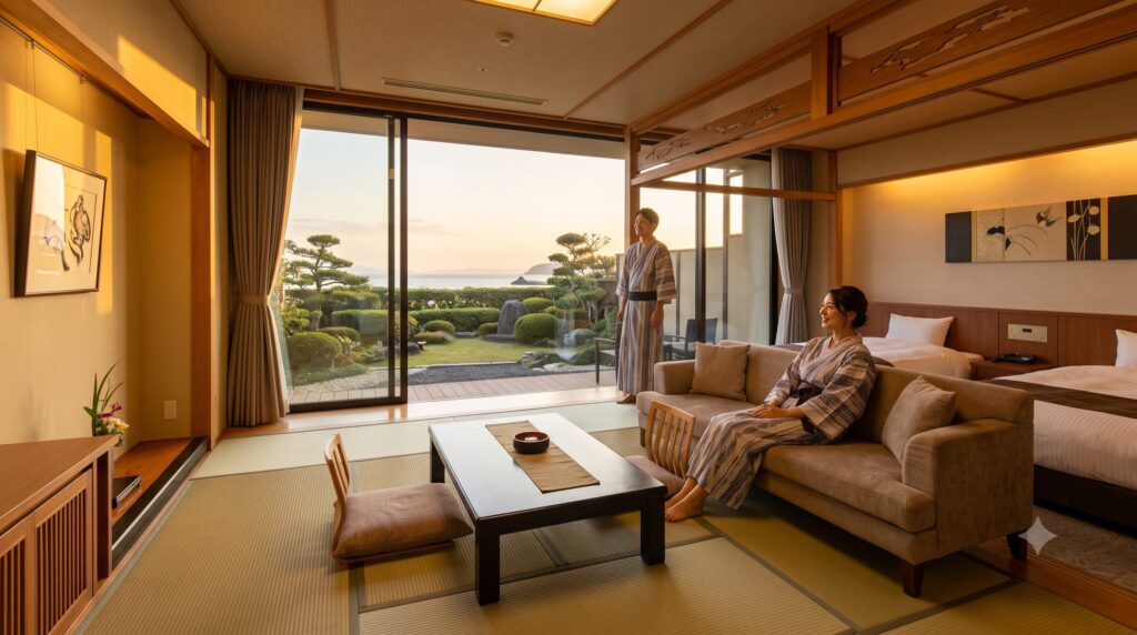 窓から広がる海と庭園の眺望を楽しむ浴衣姿の日本人夫婦。