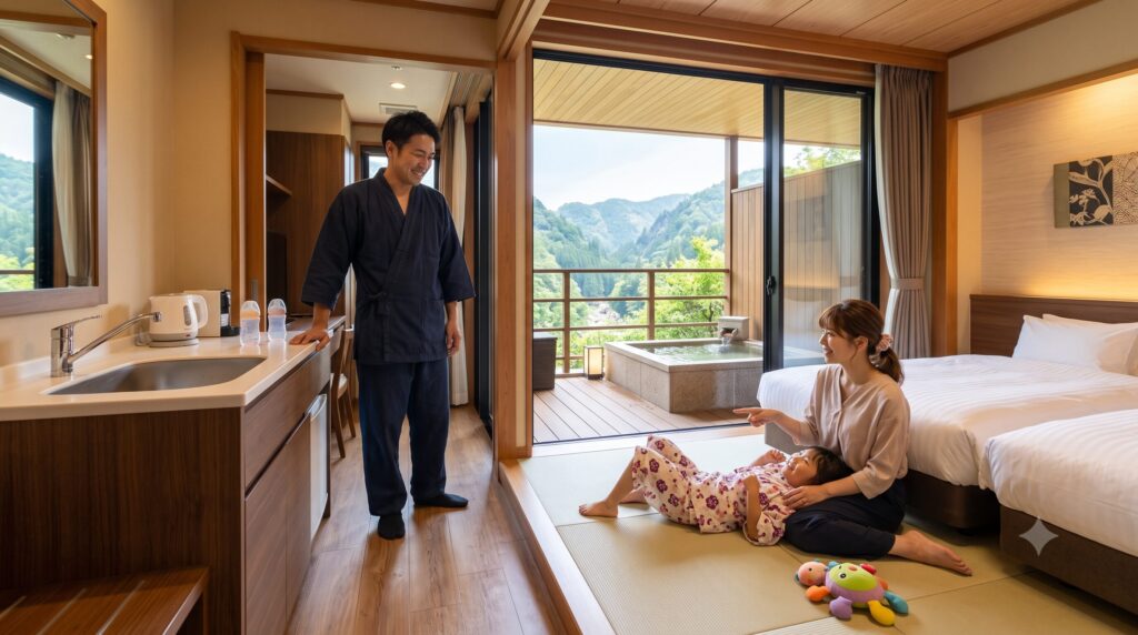 大分県の日田市にある「奥日田温泉 うめひびき」では、家族みんなで楽しめる露天風呂付き客室を提供しています。広々とした和洋室「七折」には、ミニキッチンや琉球畳、そしてプライベートな露天風呂が完備されており、小さな子供連れの旅行にも最適です。美しい自然に囲まれたプライベート空間で、心に残る家族旅行の思い出を作りませんか？