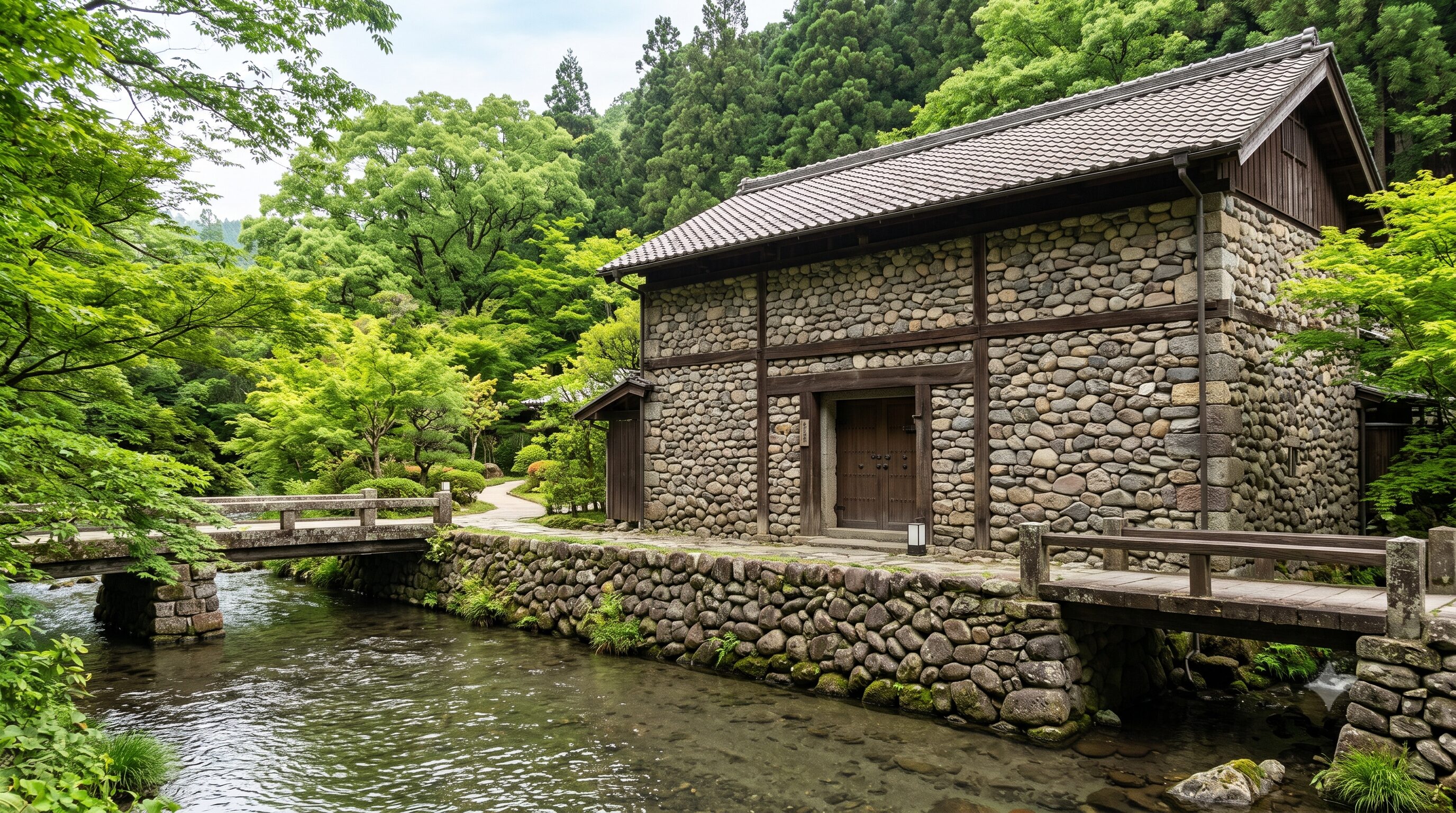 鹿児島県・妙見温泉の高級宿「妙見石原荘」にある、昭和初期の米倉庫を移築・再生した重厚な石造りの外観の客室棟「石蔵」。天降川沿いの緑に囲まれた歴史的建築イメージ