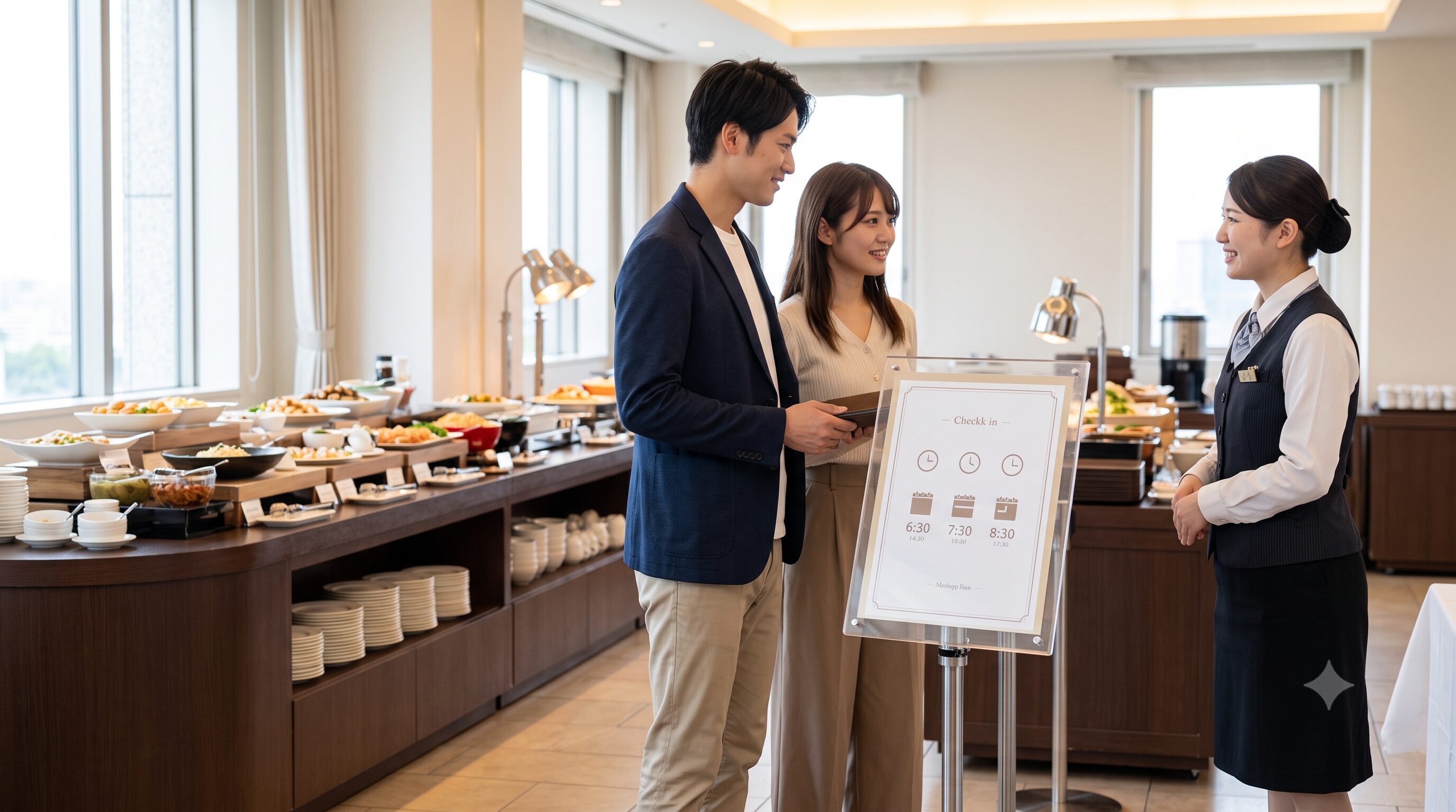 城山ホテル鹿児島の朝食ビュッフェ会場の入り口。6:30のオープン直後に和やかな雰囲気で受付をするアジア人カップルとスタッフ。混雑を避けたスムーズな案内の様子