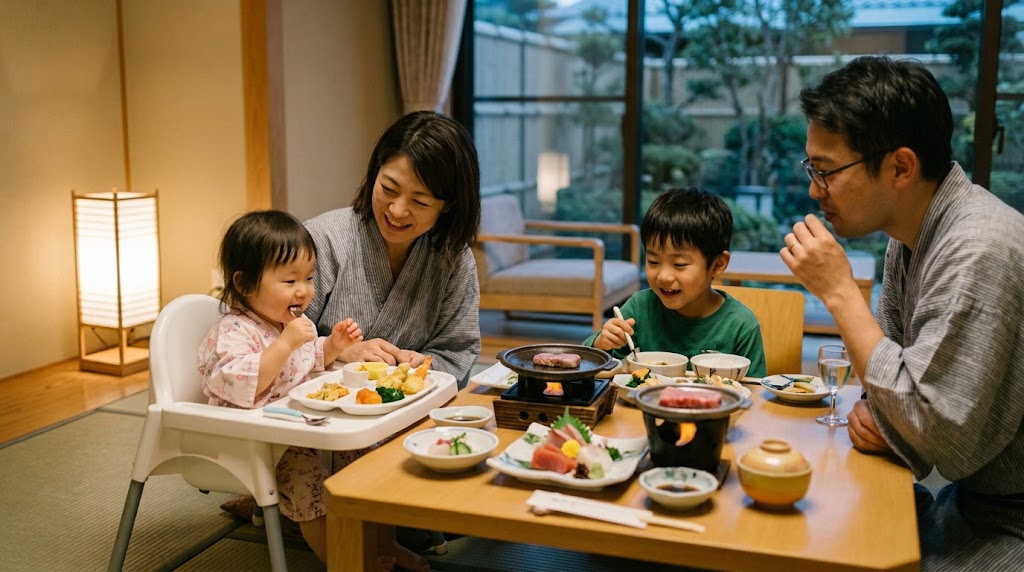 有馬グランドホテルのプライベートな和室で、夕食の部屋食を楽しむ日本人ファミリー。特別仕様のハイチェアに座った幼児とお子様御膳を食べる小学生、会席料理を味わう両親が笑顔で食卓を囲む様子。