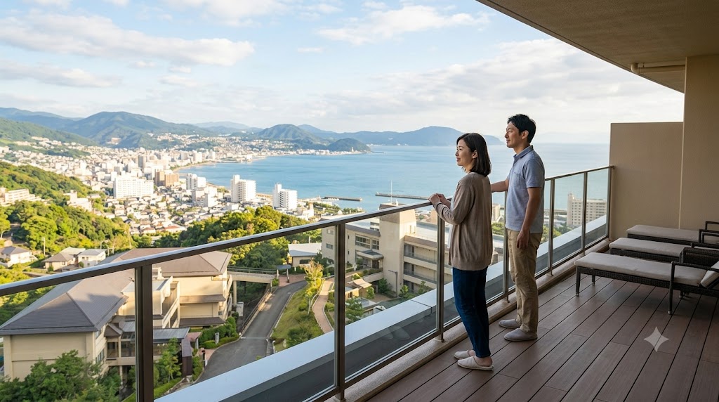 杉乃井ホテルの宙館にあるバルコニーから、別府湾と市街地の絶景を眺める日本人のカップル。開放的なオーシャンビューが広がっている。