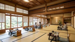 登録有形文化財「泉霊の間」の壮麗な空間で、美しい日本庭園を眺めながら静かに朝食を楽しむ宿泊客の様子。伝統的な桐の格天井と歴史ある木のぬくもりが漂う大広間に、個別の朝食膳が用意されている。