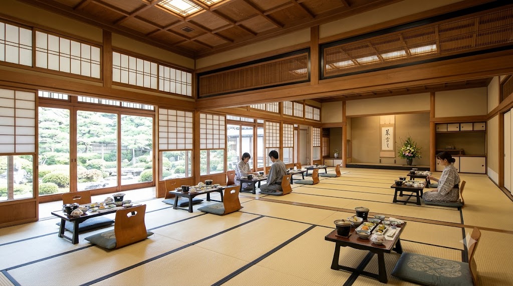 登録有形文化財「泉霊の間」の壮麗な空間で、美しい日本庭園を眺めながら静かに朝食を楽しむ宿泊客の様子。伝統的な桐の格天井と歴史ある木のぬくもりが漂う大広間に、個別の朝食膳が用意されている。