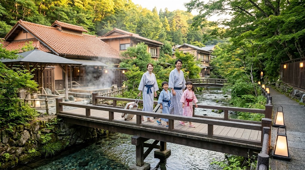 黒川温泉の街並みを浴衣姿で楽しそうに歩く日本人の家族連れ。湯峡の響き優彩での滞在を予感させる、情緒あふれる旅のワンシーン。