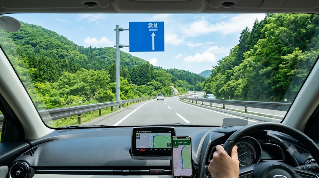 雲仙温泉へ向かう、安全で景色の良い国道57号線のドライブコース。山間部を走る広い道幅の道路と、運転するアジア人ドライバーの視点。