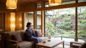 加賀温泉郷の旅館「葉渡莉（はとり）」の、木のぬくもり溢れる静かなロビーラウンジで、和紙アートに囲まれながら一人リラックスする日本人女性客の様子。