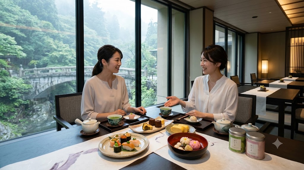 2人のアジア人女性が日本茶と共に楽しんでいる。