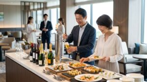 グランドメルキュール伊勢志摩リゾート&スパの「ザ・ラウンジ」で、生ビールやワイン、ご当地おつまみを楽しむ仲睦まじい日本人の熟年夫婦。