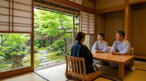 和多屋別荘の離れ「水明荘」の客室から望む、静寂な日本庭園とくつろぐ宿泊客の様子。特別な日の滞在にふさわしい上質なプライベート空間を表現。