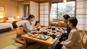 別府温泉 ホテル白菊の湯あがり処「つる」で、ライトアップされた日本庭園を眺めながら、浴衣姿で無料サービスのアイスキャンディーと、数量限定の「夜な夜なぷりん」を楽しむ日本人女性宿泊客。リラックスした雰囲気。