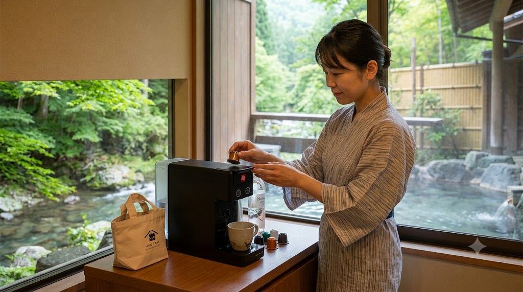 黒川温泉「山みず木」の客室にて、浴衣姿の日本人女性が、窓辺に置かれたカプセル式コーヒーマシン（illy）を操作する様子。窓の外には、自然豊かな渓流と、そのほとりに佇む露天風呂（幽谷の湯）が広がっている。机の上には、コーヒーマシンのほかに、カップ、コーヒーカプセル、小さな布製エコバッグ、水の入ったペットボトルが並び、くつろぎの滞在を想起させる。