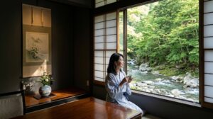 石川県山中温泉の高級旅館「花紫」の客室から望む鶴仙渓の絶景。浴衣姿の女性が静かに景色を楽しむ様子。