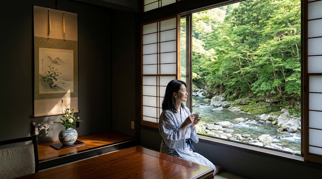 石川県山中温泉の高級旅館「花紫」の客室から望む鶴仙渓の絶景。浴衣姿の女性が静かに景色を楽しむ様子。