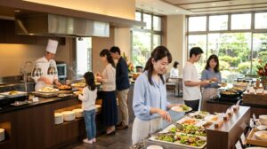 琴平グランドホテル桜の抄の広々としたレストランで、色とりどりの料理が並ぶ朝食バイキングを楽しむ日本人旅行客の様子。