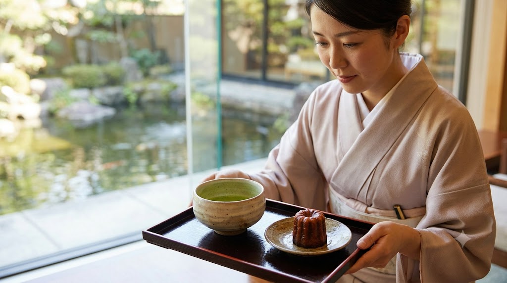 雲仙温泉 東園のウェルカムサービス。伝統的なお抹茶と、意外な組み合わせで人気の絶品洋菓子カヌレ。おもてなしの心を感じる瞬間。