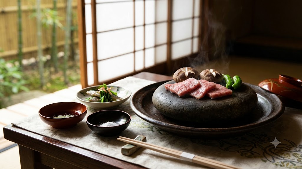 柳生の庄の客室(部屋食)で提供される、熱く熱した石の上で黒毛和牛や地元の椎茸を焼く名物料理「温石焼」の臨場感あふれるカット。湯気と香りが立ち上り、最高級の食材と職人技が光る本格京懐石の一品。