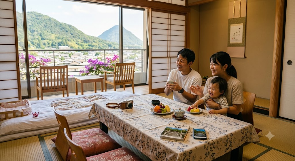 香川県こんぴら温泉の宿「琴参閣」の讃水館の和室で、窓から讃岐富士を眺めながら笑顔でくつろぐ夫婦と小さな子供の家族。手前のテーブルにはこんぴらさん参拝のガイドブックやカメラが置かれている様子。