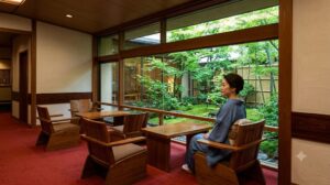 嬉野温泉大正屋のロビーにて、吉村順三設計による、低く抑えられた天井と庭園を一望できる広々とした窓が調和する、和風モダンな空間美。