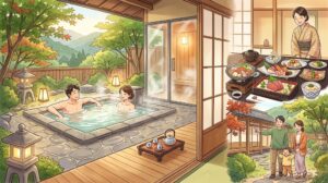 箱根の高級旅館「強羅花壇」の、坪庭を望む源泉掛け流し貸切風呂（家族風呂）と、日帰りプランで味わえる本格的な懐石料理、そして赤ちゃん連れのファミリーが和室や庭園を安心して楽しむ様子を組み合わせた、和モダンなイラスト。