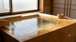 道後温泉ふなやの客室「俳句ラウンジスイート」にある、道後温泉の源泉を引いたプライベートな檜風呂（温泉内風呂）の様子。湯船から湯気が立ち上り、リラックスできる空間。