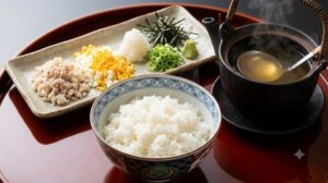 佳翠苑皆美の名物料理「家伝鯛めし」。鯛のそぼろ、卵の黄身と白身、薬味が美しく盛り付けられ、秘伝の出汁が注がれる前の様子。