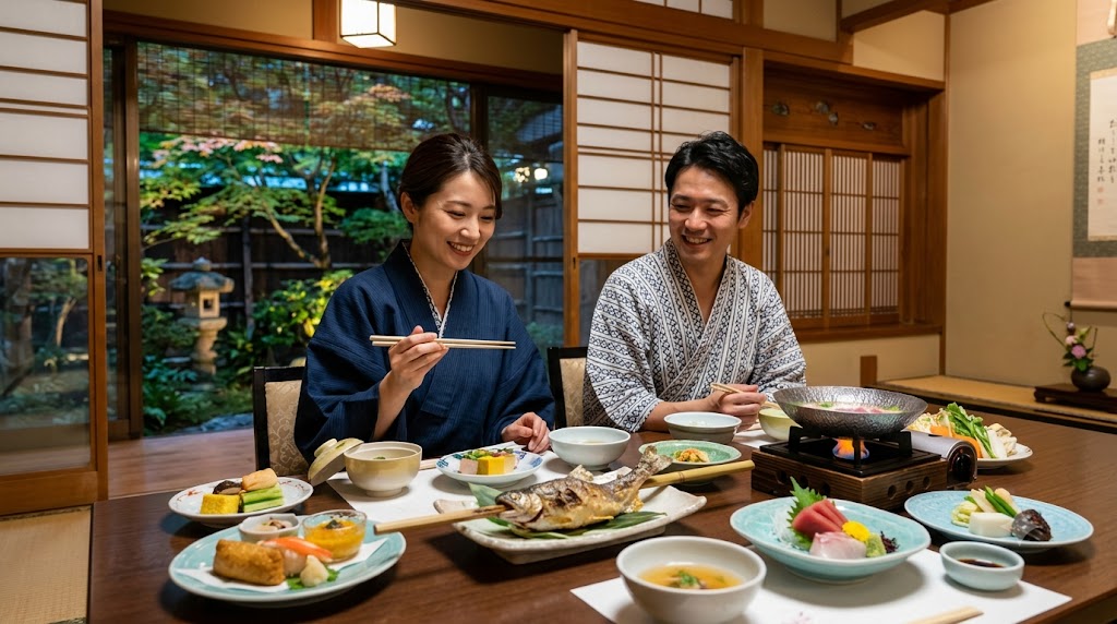 黒川荘の完全個室のお食事処で、地産地消の創作懐石料理を楽しむ、浴衣姿のアジア人カップル。テーブルにはヤマメの塩焼きや肥後赤鶏のつみれ鍋など、熊本の旬の食材を使った美しい料理が並んでいる。美食とホスピタリティを強調。